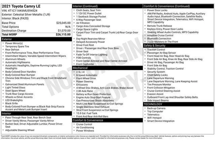 $19749 : Toyota Camry 2021 LE 4dr Sed image 7