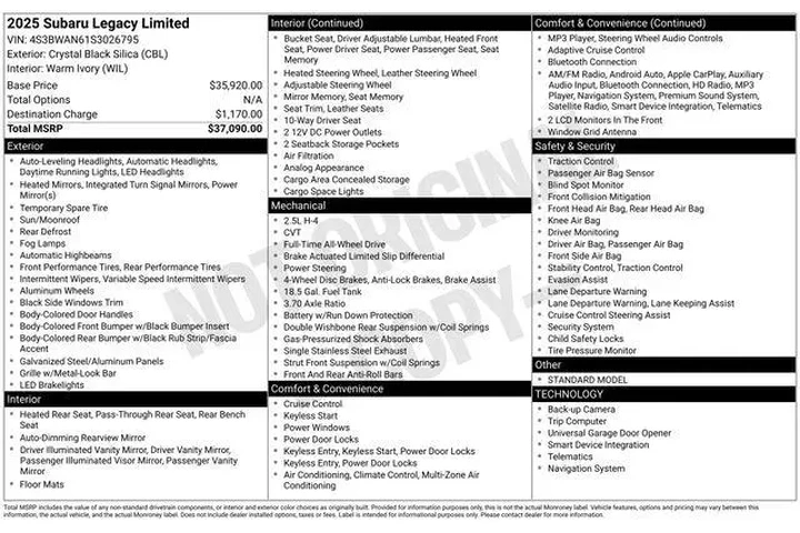 $32571 : Subaru Legacy 2025 AWD Limit image 3