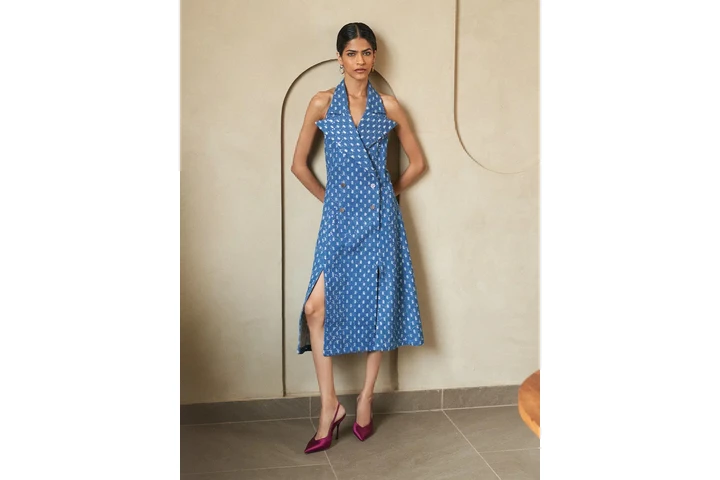 $80 : Glitzy Denim Lapel Slit Dress image 1