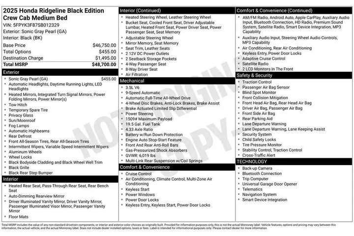 $39990 : Honda Ridgeline 2025 AWD Bla image 5