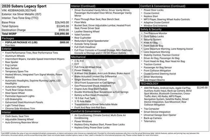 $19495 : Subaru Legacy 2020 AWD Sport image 9