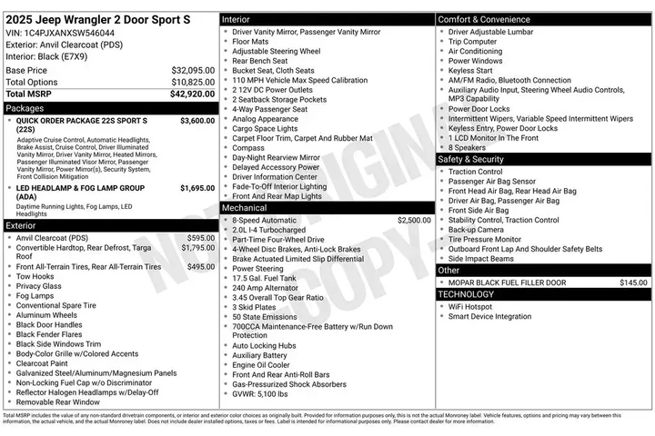 $36535 : Jeep Wrangler 2025 4x4 Sport image 2