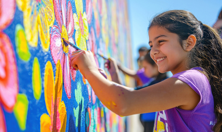 Niña ayudando a pintar un mural