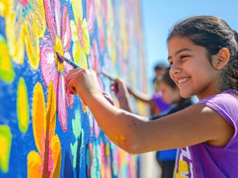 Niña ayudando a pintar un mural