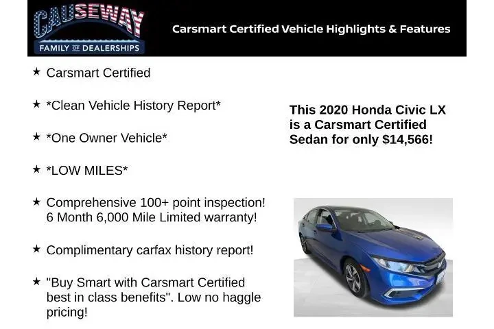 $14566 : Honda Civic 2020 LX 4dr Seda image 2