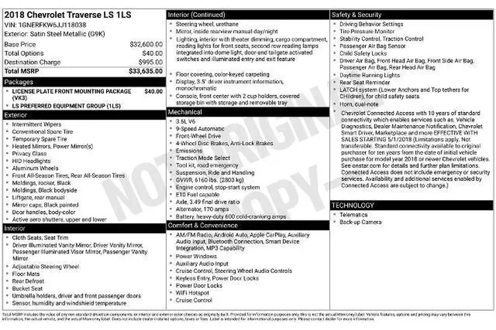 $19876 : Chevrolet Traverse 2018 LS 4 image 3