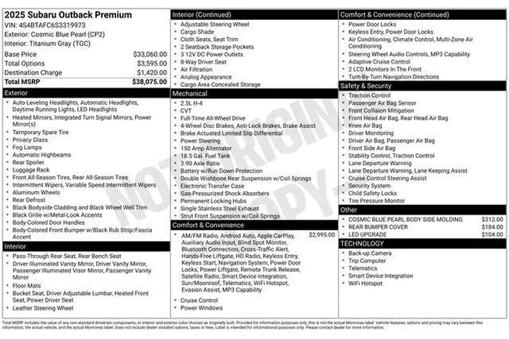 $32990 : Subaru Outback 2025 AWD Prem image 2