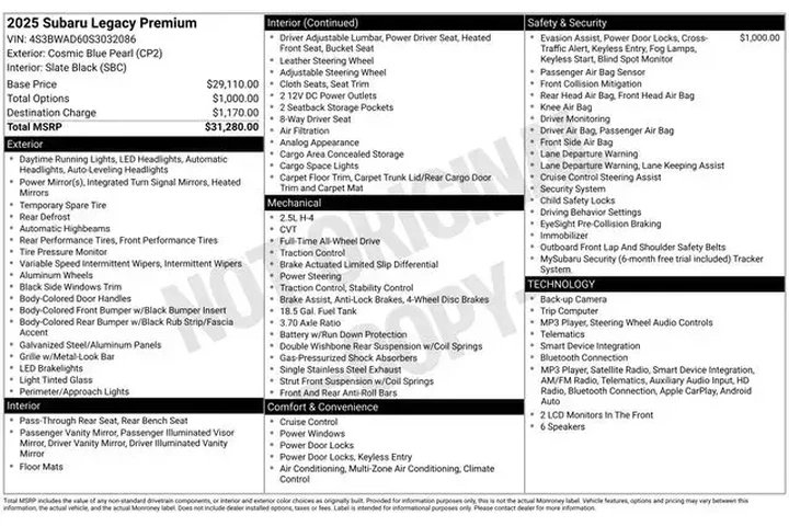 $27990 : Subaru Legacy 2025 AWD Premi image 3