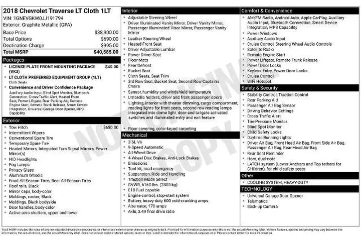 $16649 : Chevrolet Traverse 2018 4x4 image 2