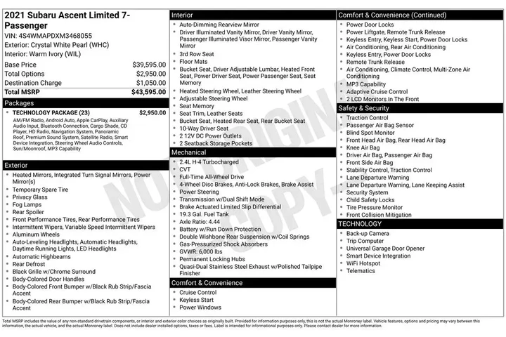 $30096 : Subaru Ascent 2021 AWD Limit image 2