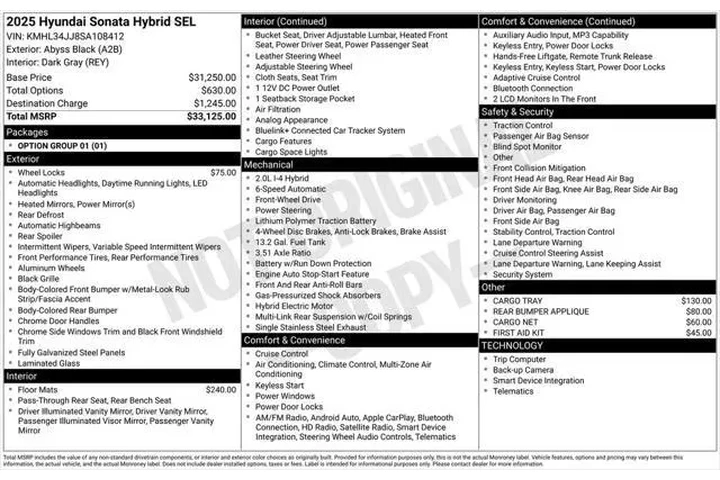 $27547 : Hyundai SONATA Hybrid 2025 S image 10