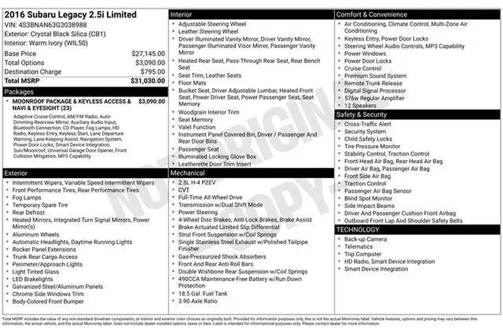 $7995 : Subaru Legacy 2016 AWD 2.5i image 3