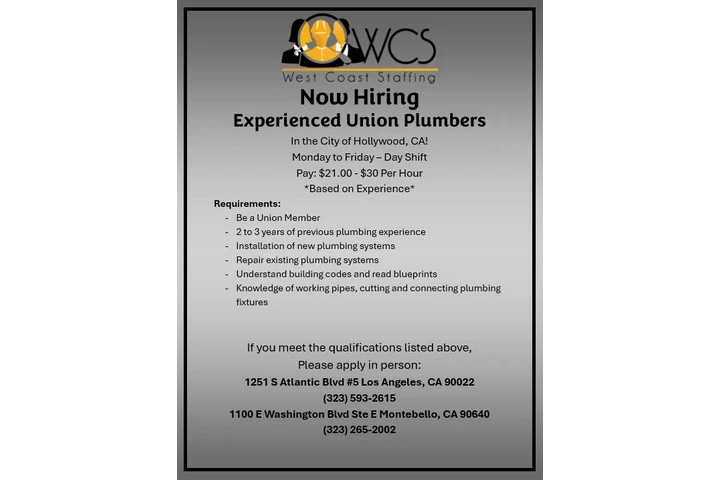 Union Plumbers Needed image 1