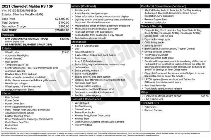 $15200 : Chevrolet Malibu 2021 RS 4dr image 1